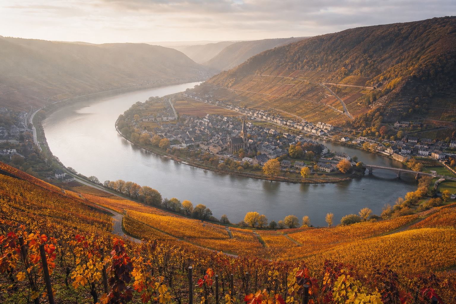 Moselschleife mit Weinbergen im Herbstlicht