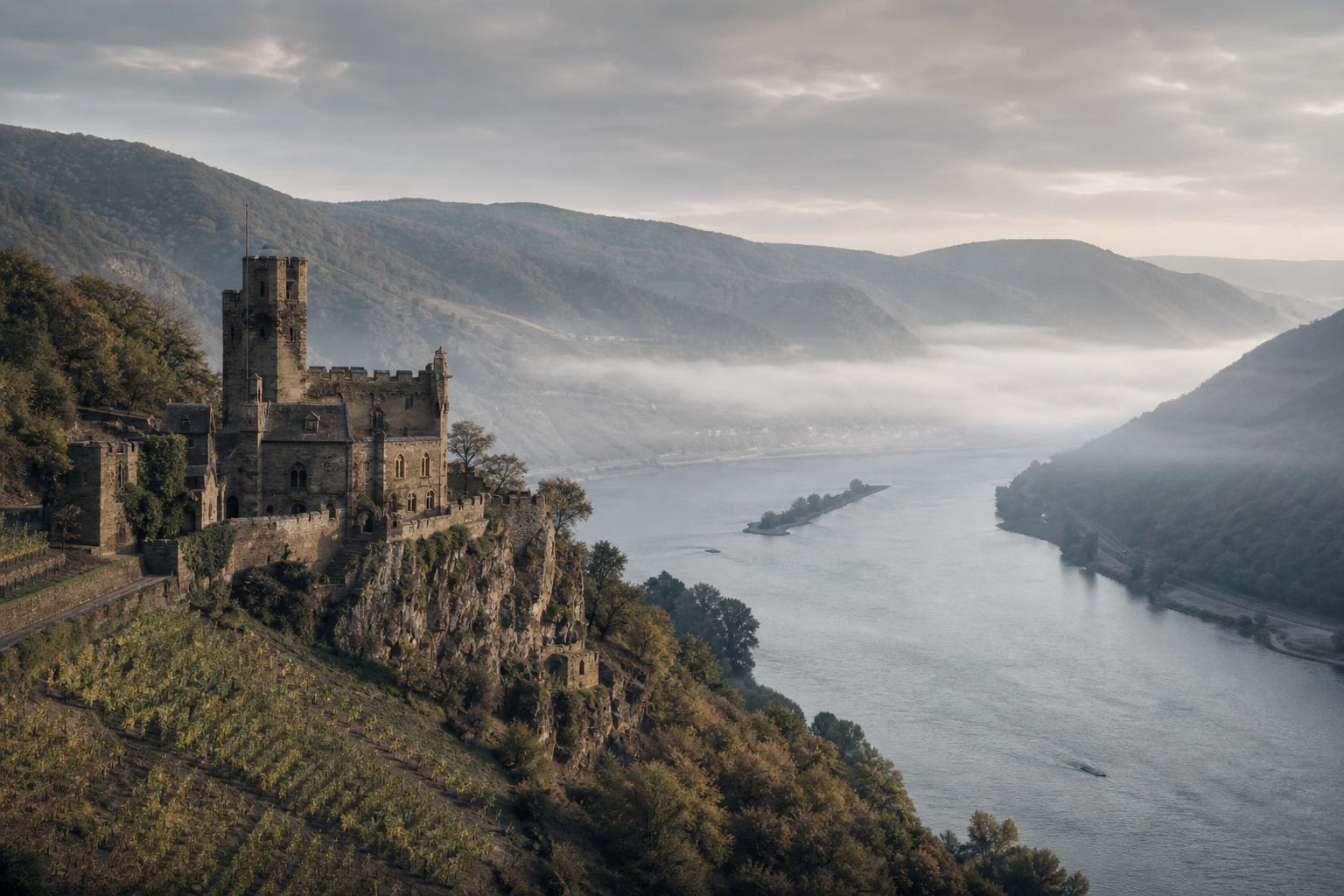Schloss über dem Rheintal im silbrigen Licht
